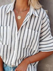 Single-breasted Loose Five-quarter Sleeves Striped Blouses