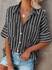 Single-breasted Loose Five-quarter Sleeves Striped Blouses
