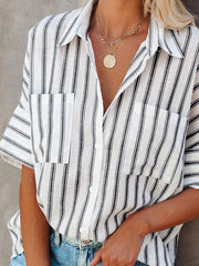 Single-breasted Loose Five-quarter Sleeves Striped Blouses