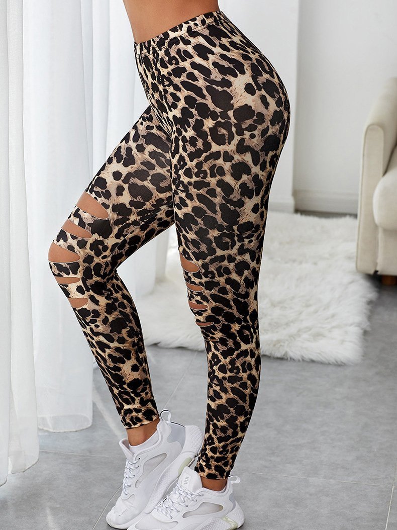 Skinny Leopard Print Broken Holes Leggings
