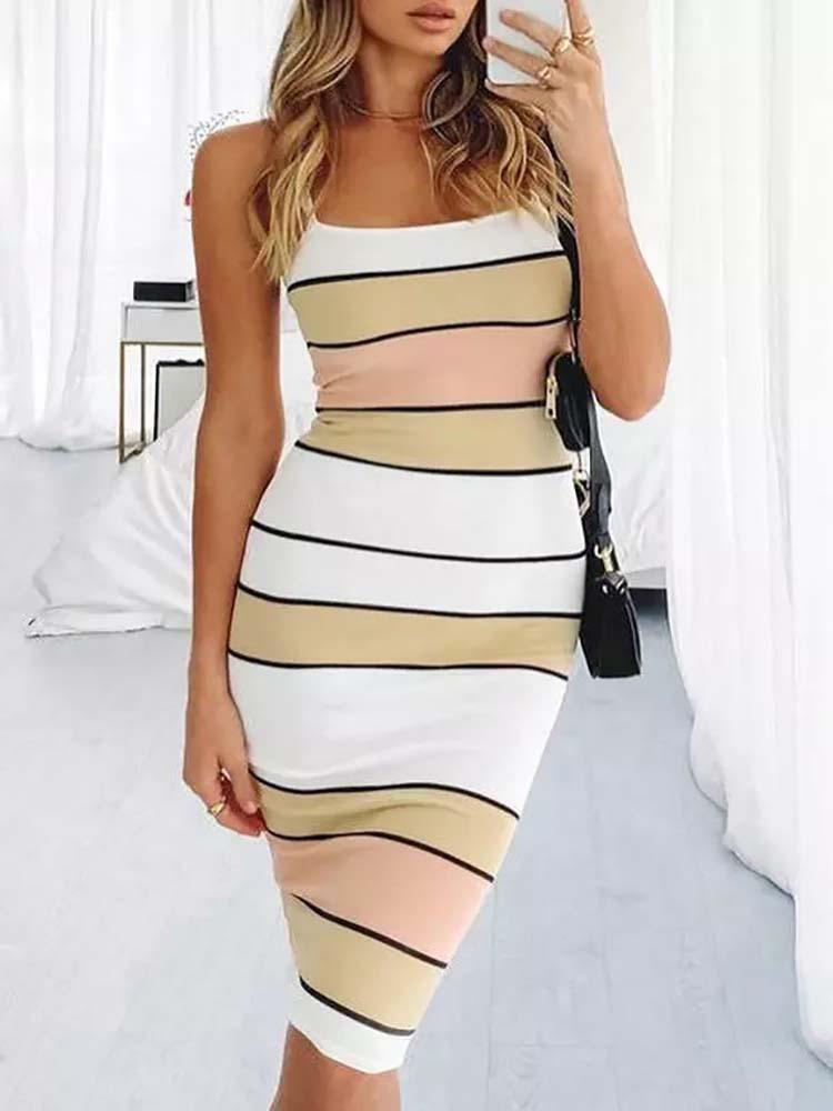 Skinny Striped Round Neck Suspender Dress