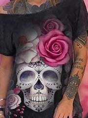 Skull Head Print Short-sleeved One-shoulder T-shirt Dress