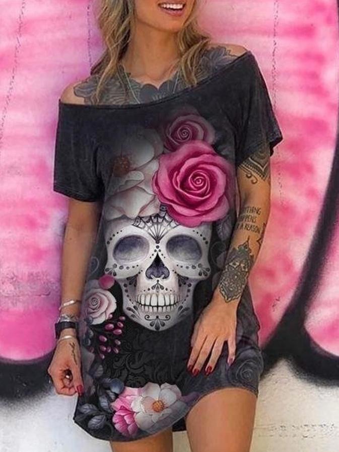 Skull Head Print Short-sleeved One-shoulder T-shirt Dress