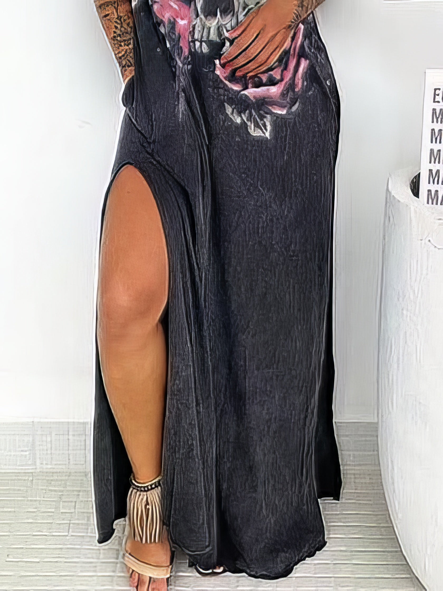 Skull Print V-neck Short Sleeve Loose Slit Dress