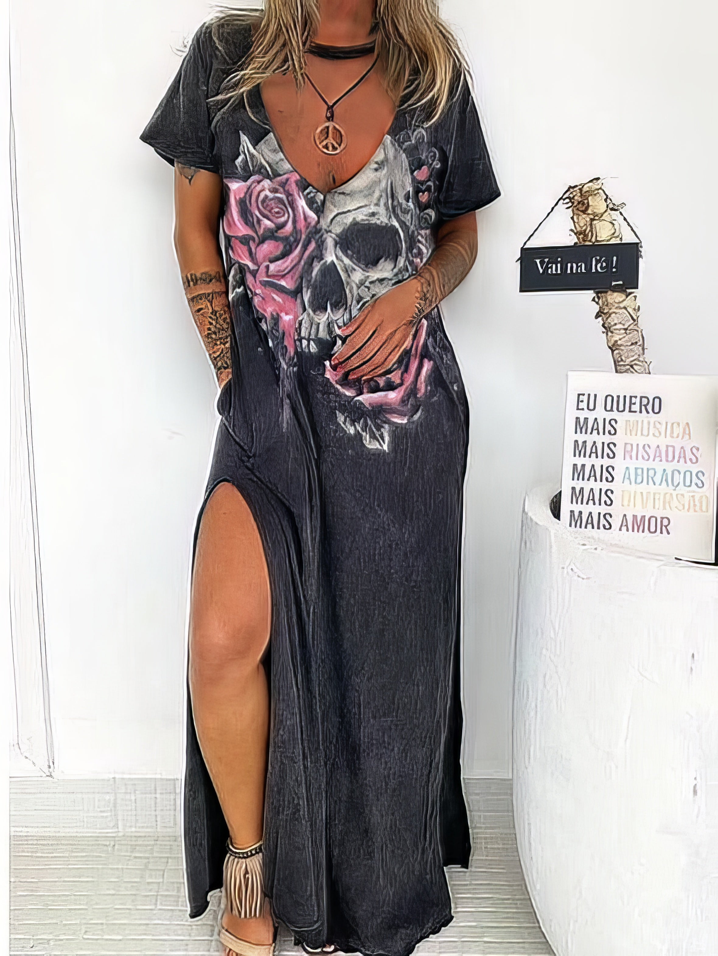 Skull Print V-neck Short Sleeve Loose Slit Dress