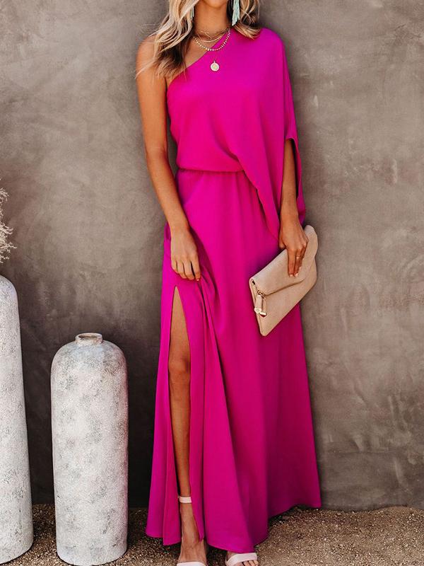 Slant Collar Off The Shoulder Side Slit Dress