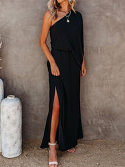 Slant Collar Off The Shoulder Side Slit Dress