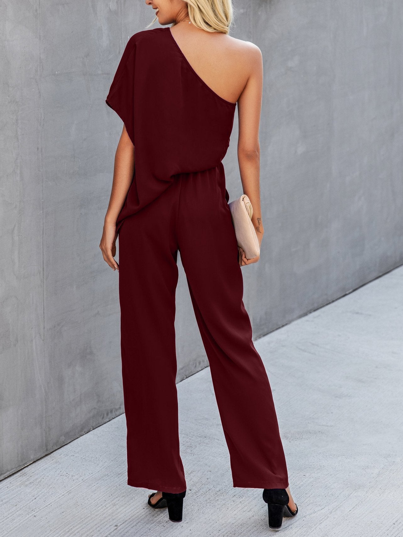 Slant Shoulder Solid Loose Jumpsuit