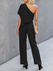 Slant Shoulder Solid Loose Jumpsuit