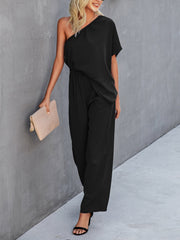 Slant Shoulder Solid Loose Jumpsuit