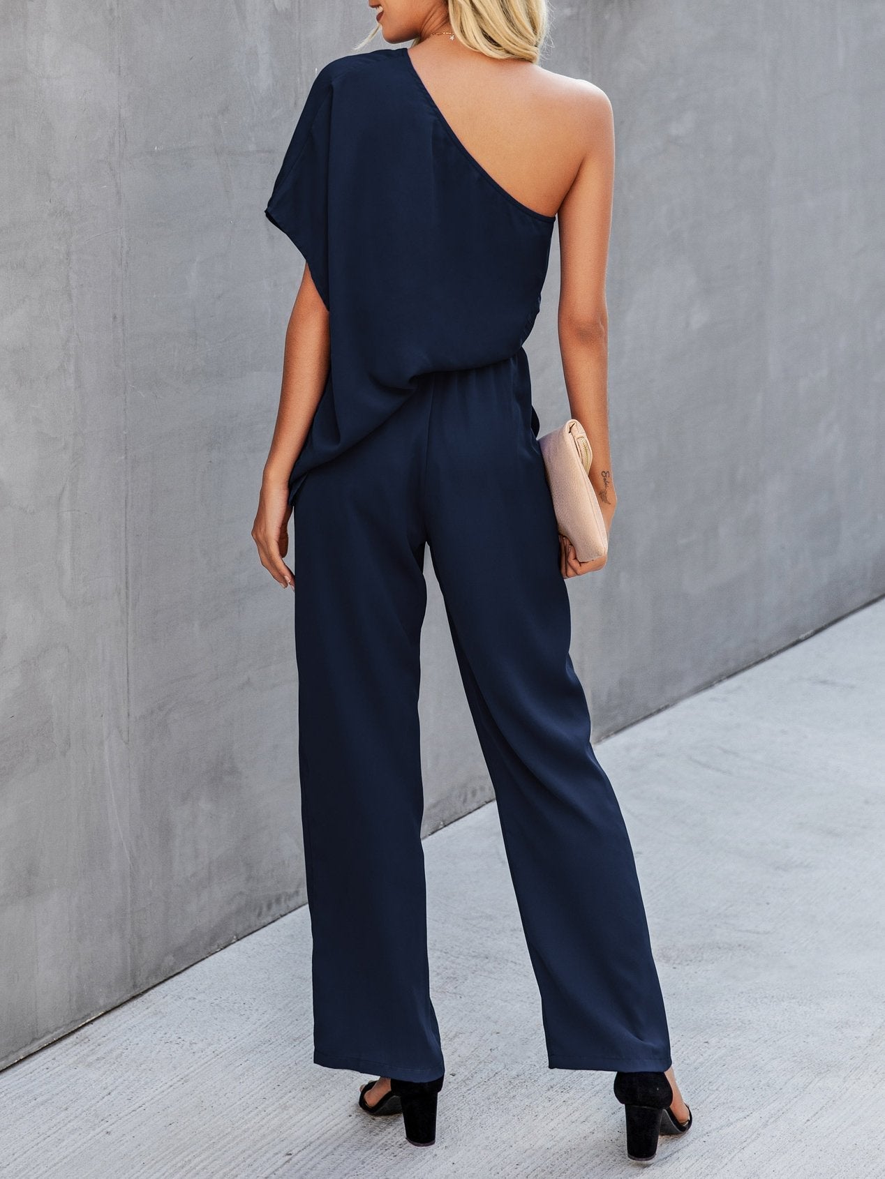 Slant Shoulder Solid Loose Jumpsuit