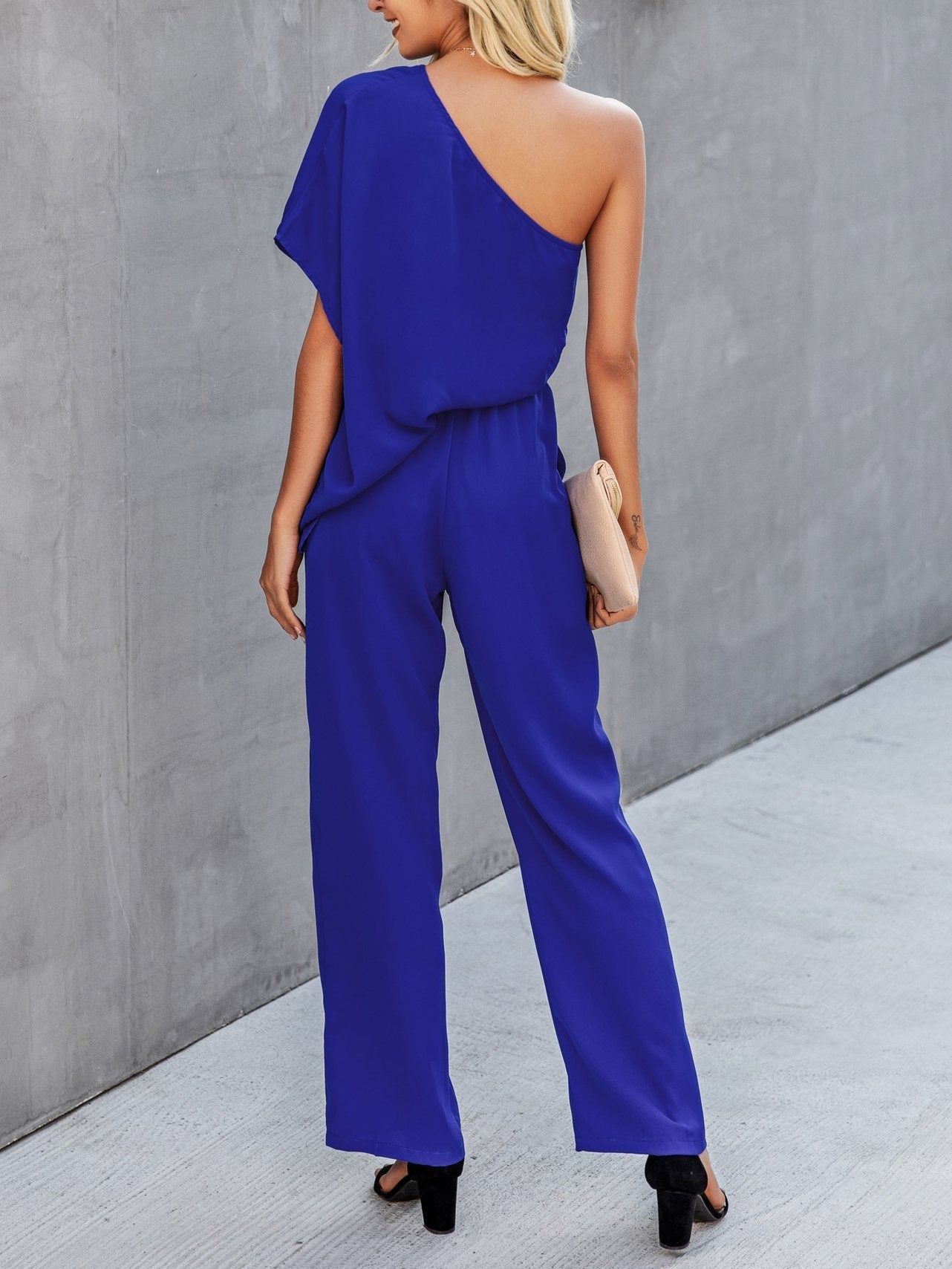 Slant Shoulder Solid Loose Jumpsuit