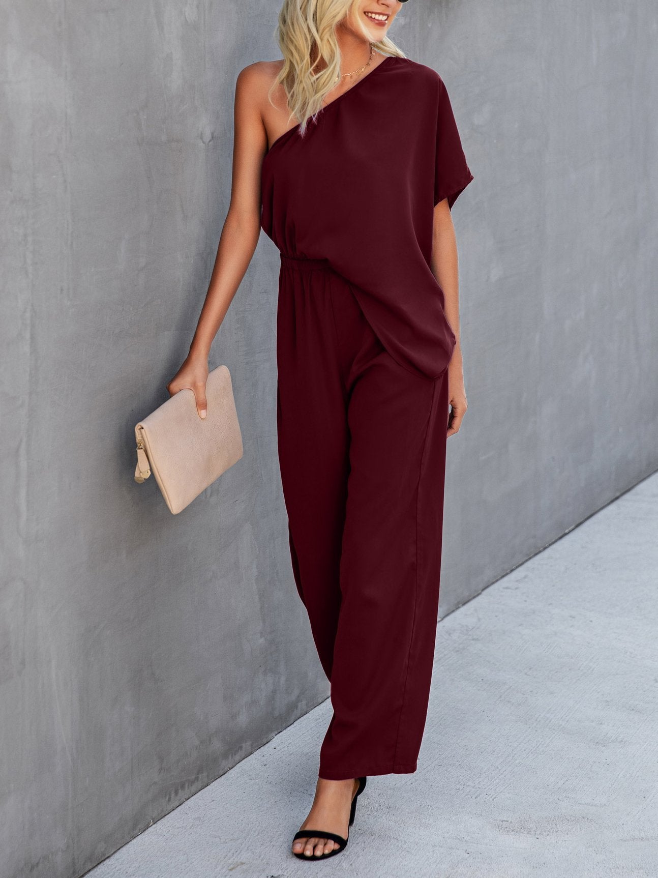 Slant Shoulder Solid Loose Jumpsuit