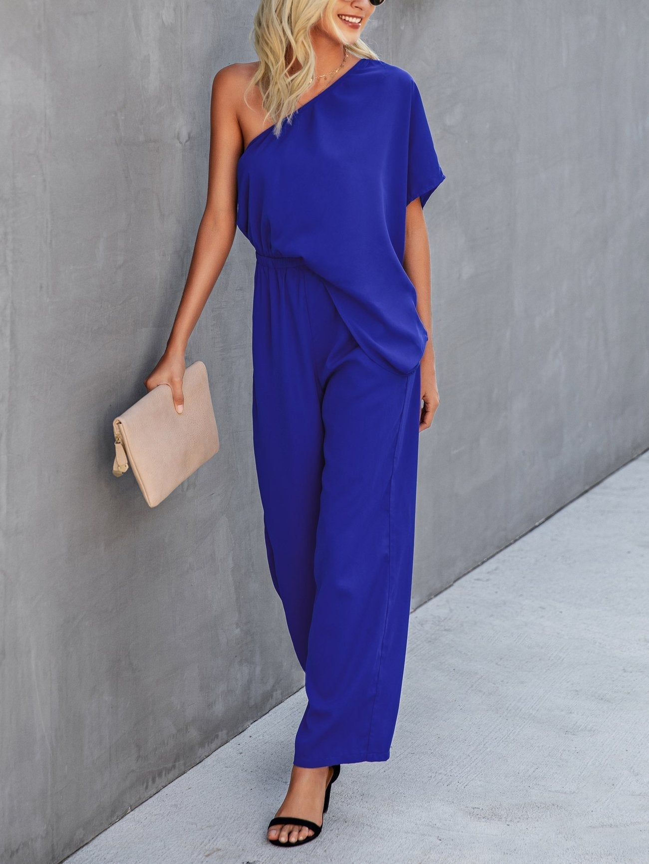Slant Shoulder Solid Loose Jumpsuit