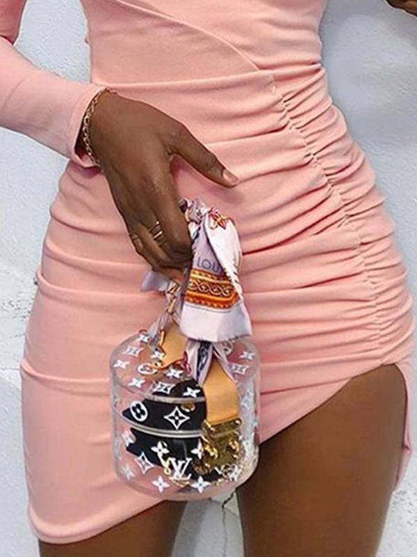 Slanted-shoulder Long-sleeved Pleated Bodycon Dress