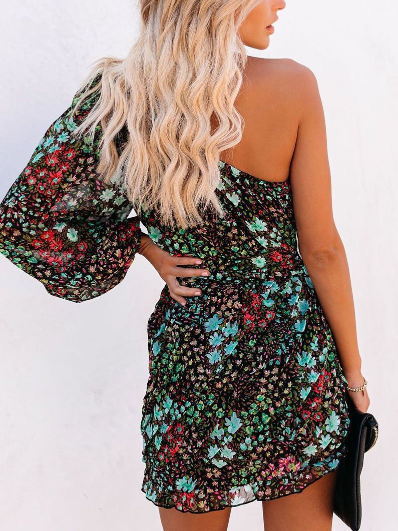 Slanted Shoulder Print Long Sleeve Dress