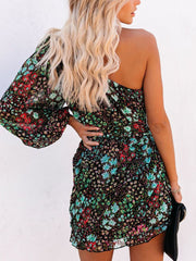 Slanted Shoulder Print Long Sleeve Dress