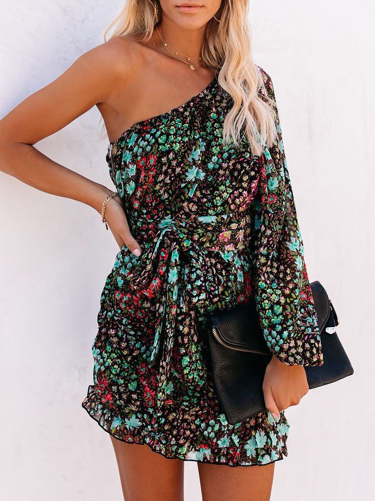 Slanted Shoulder Print Long Sleeve Dress