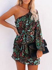 Slanted Shoulder Print Long Sleeve Dress