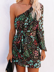 Slanted Shoulder Print Long Sleeve Dress