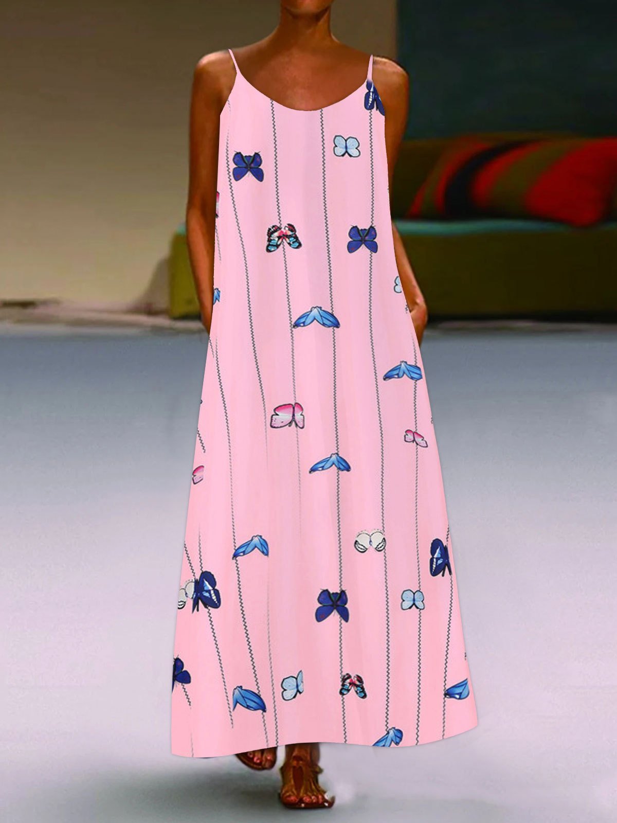 Sleeveless Butterfly Print Suspender Dress
