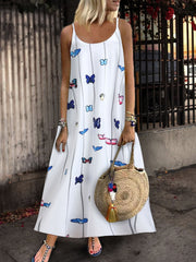 Sleeveless Butterfly Print Suspender Dress