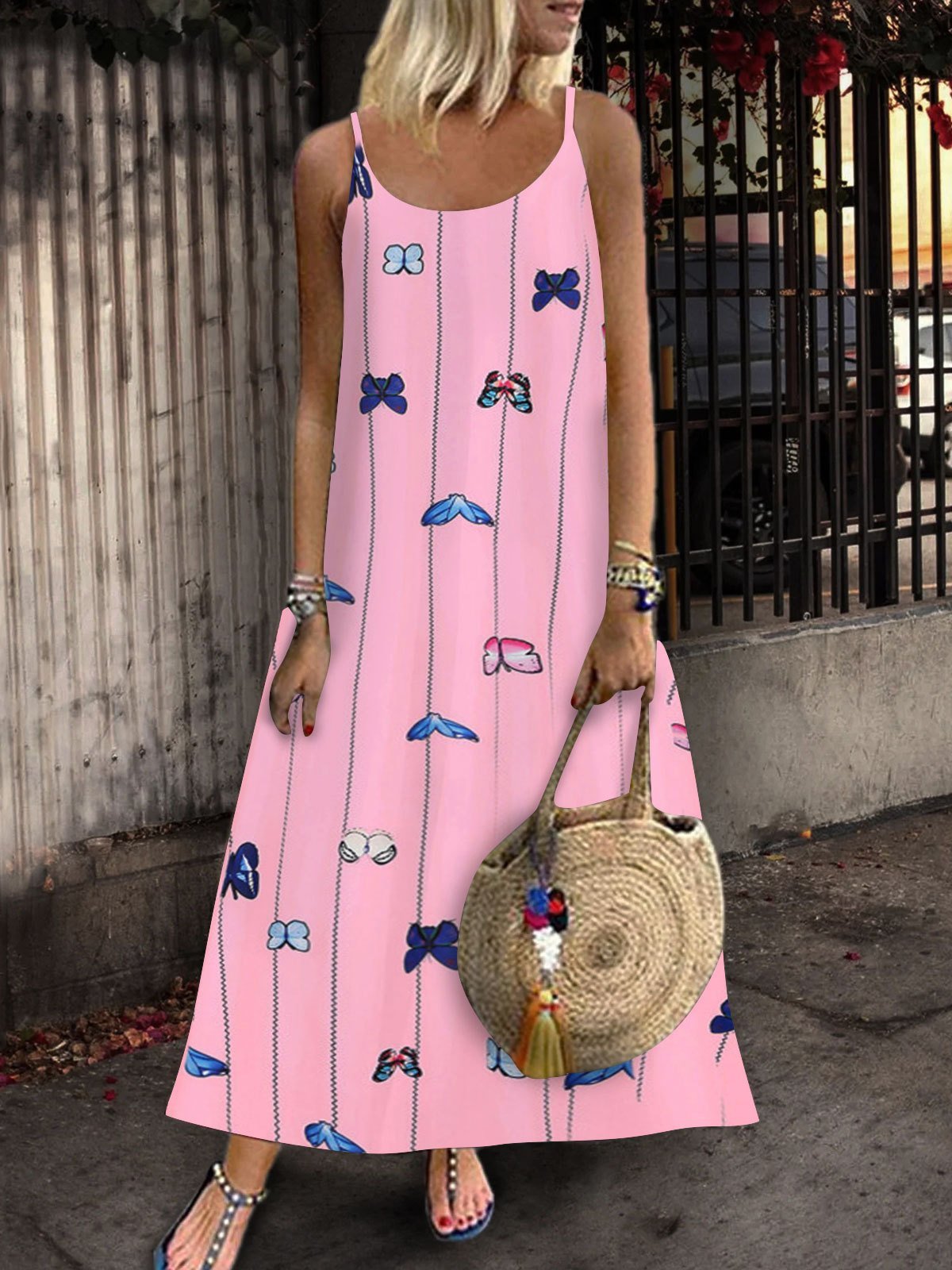 Sleeveless Butterfly Print Suspender Dress