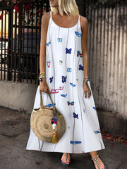Sleeveless Butterfly Print Suspender Dress