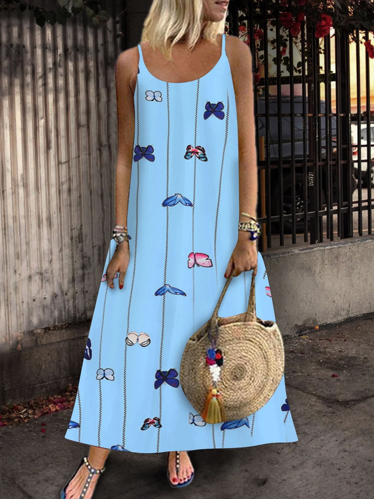 Sleeveless Butterfly Print Suspender Dress