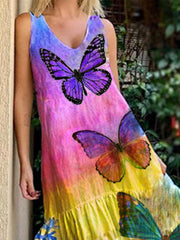 Sleeveless Butterfly Print Tie-dye Dress