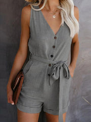 Sleeveless V-neck Solid Color Romper