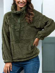 Solid Color Drawstring Zipper Up Plush Tops