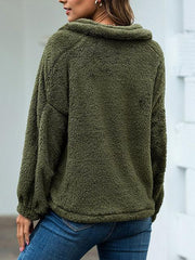 Solid Color Drawstring Zipper Up Plush Tops