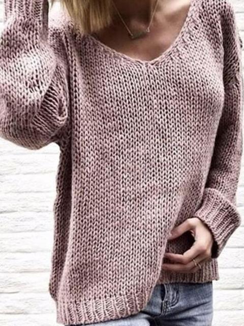 Solid Color V-neck Knitted Tops