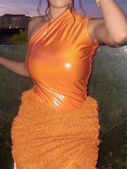 Women's Sets Sloping Shoulder Top & Feather Slit Skirt Two-Piece Set