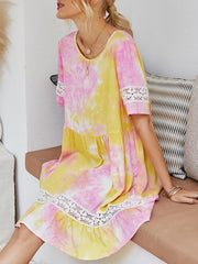 Tie-dye Print Lace Patchowrk Short Dress