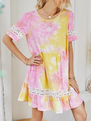 Tie-dye Print Lace Patchowrk Short Dress
