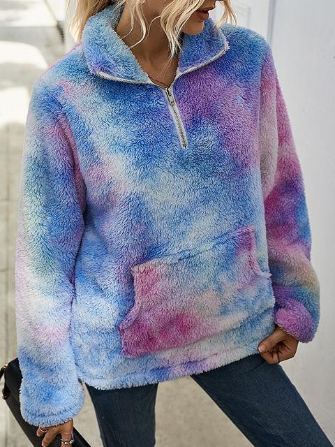 Tie-dye Print Plush Tops With Pocket