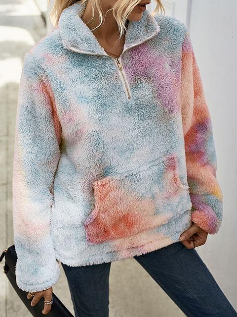 Tie-dye Print Plush Tops With Pocket