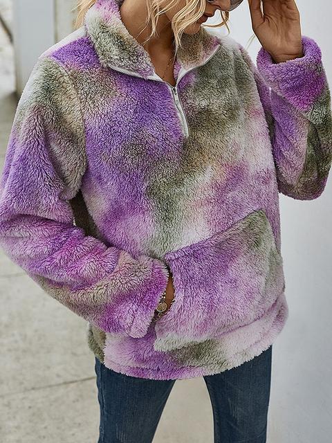 Tie-dye Print Plush Tops With Pocket