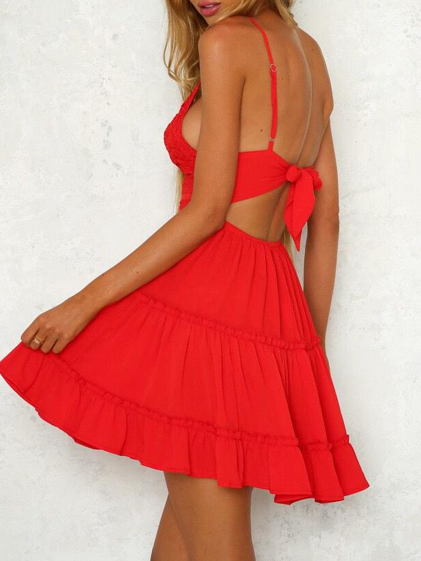 V-neck Lace Ruffled Strap Dress