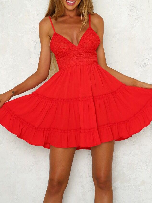 V-neck Lace Ruffled Strap Dress