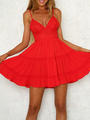 V-neck Lace Ruffled Strap Dress