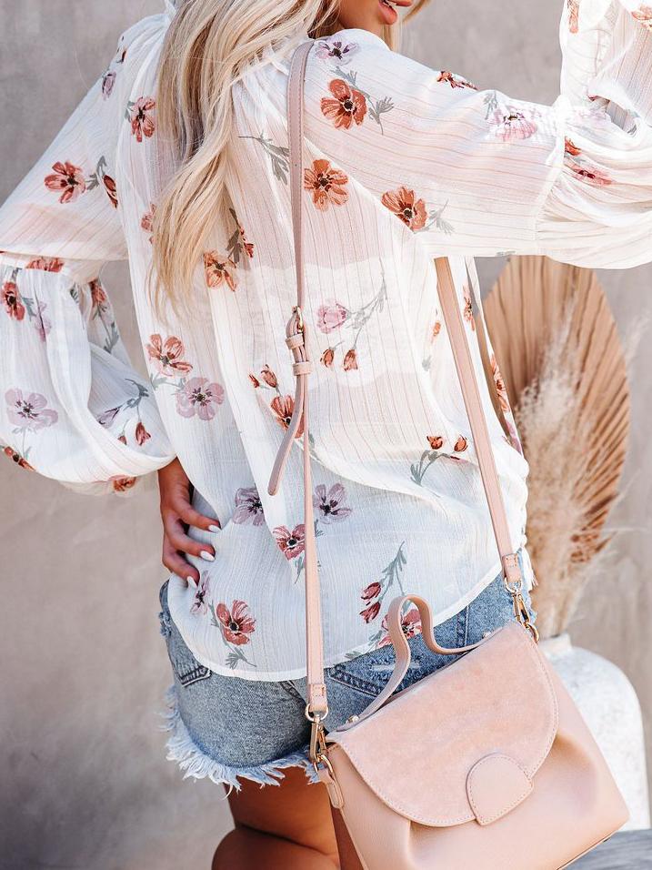 V-neck Lantern Sleeve Chiffon Print See Through Blouse