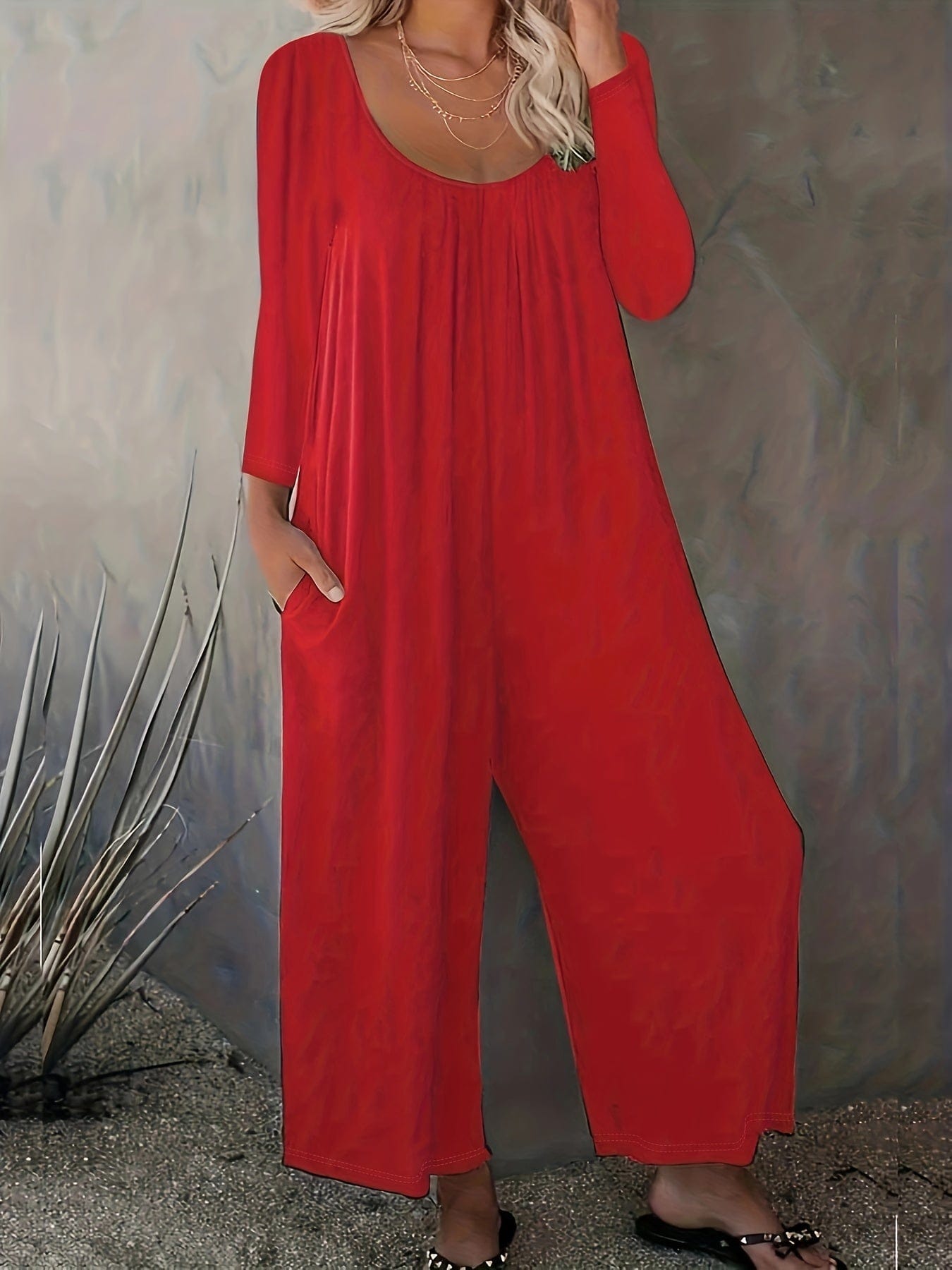 Versatile and Stylish Solid Crew Neck Wide Leg Jumpsuit