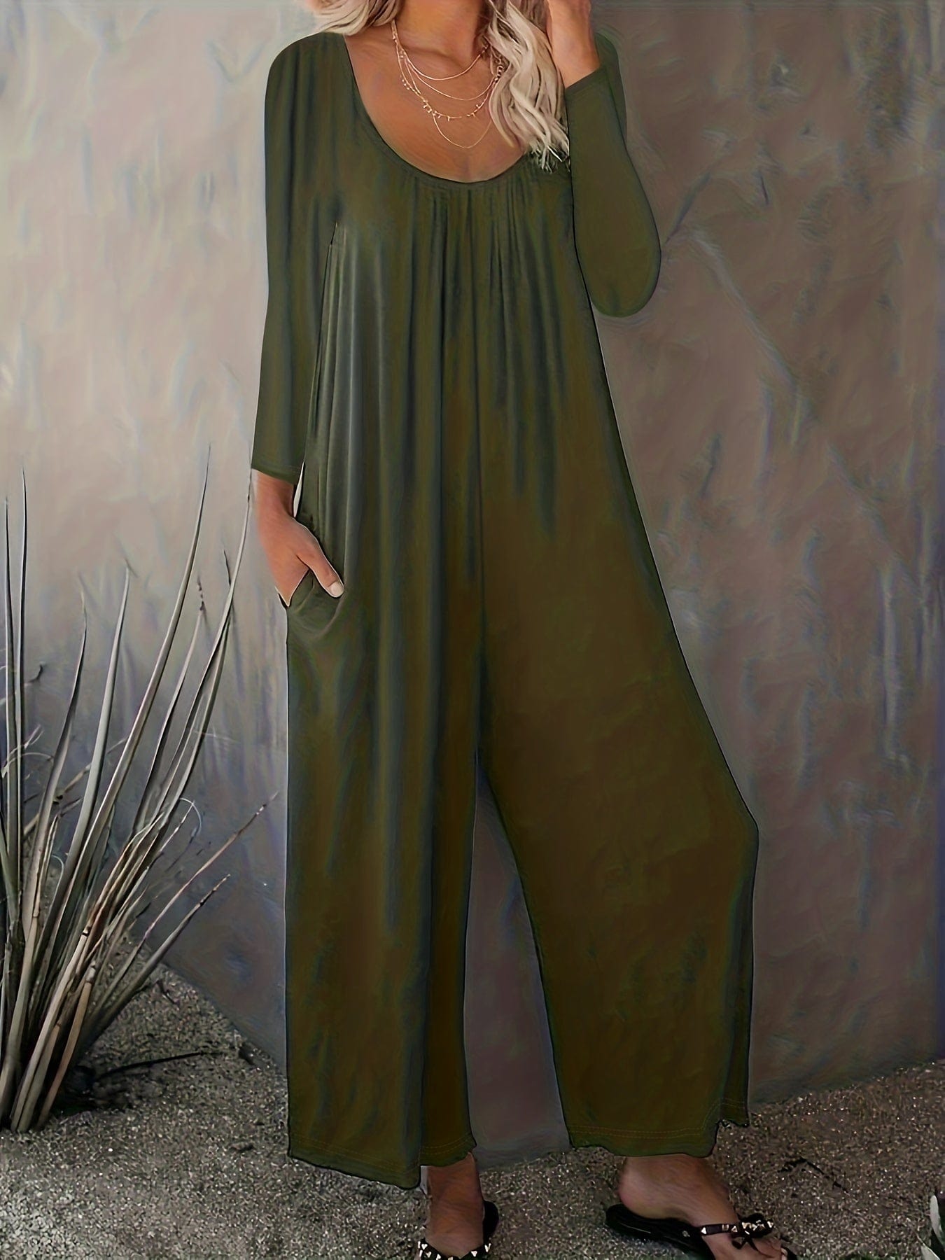 Versatile and Stylish Solid Crew Neck Wide Leg Jumpsuit