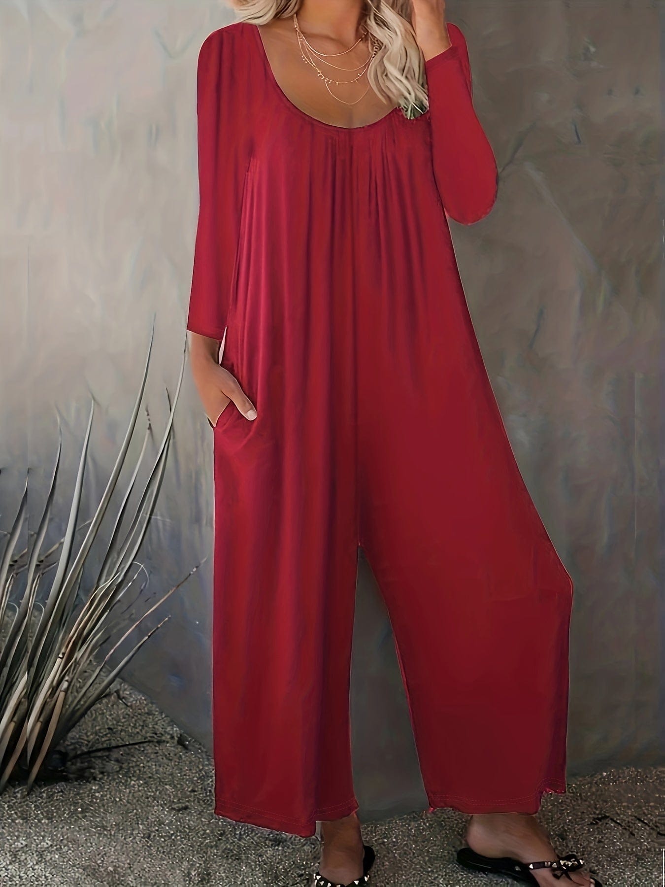 Versatile and Stylish Solid Crew Neck Wide Leg Jumpsuit
