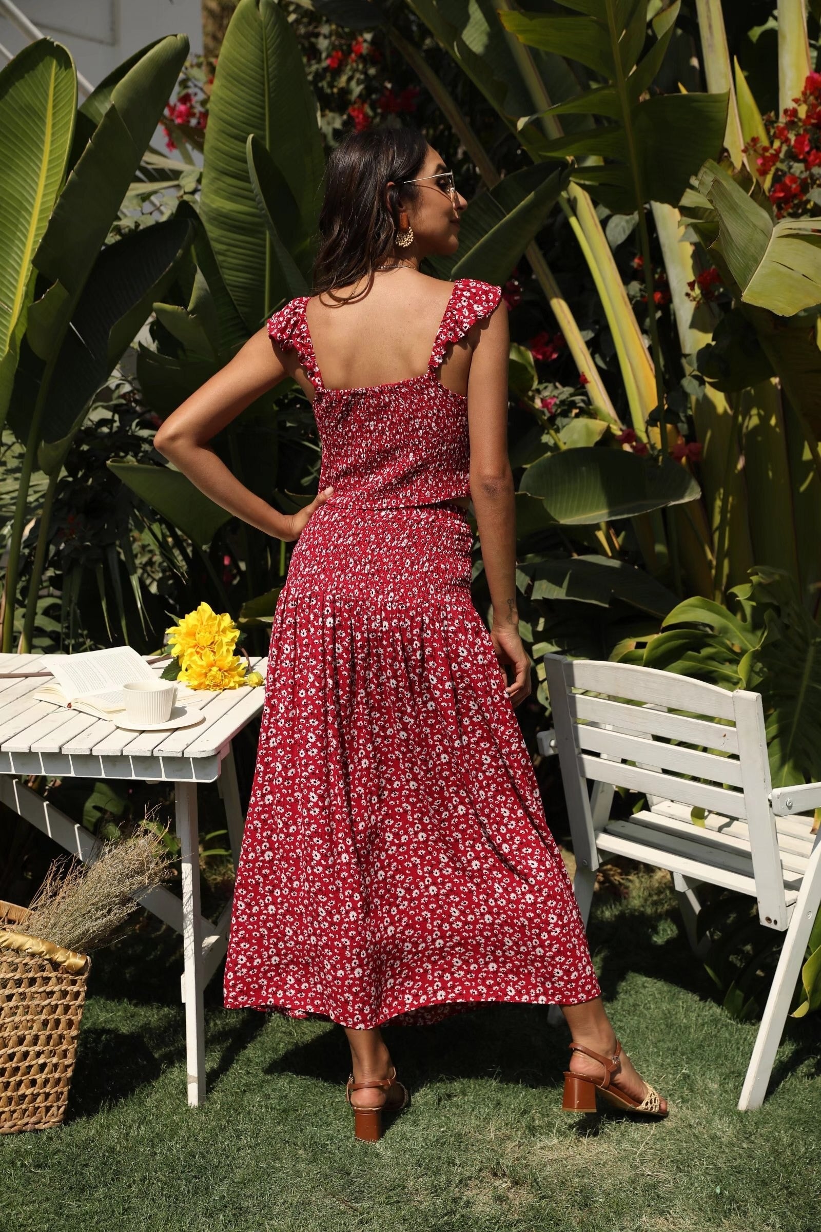 Boho Two Piece Set, Crop Top and Skirt, Wild Floral Daisy Red