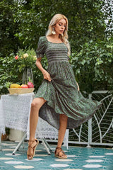 Boho Midi Dress, Sundress, Puff Junifer Green