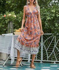 Boho Maxi Dress, Sundress, Pink Blue Morning Glory